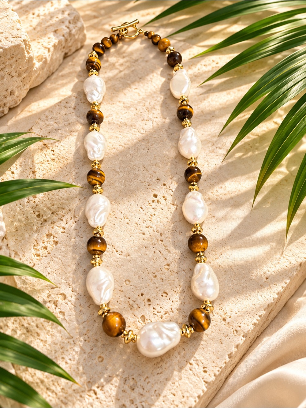 🆕❤️Gold-Tone Tiger Eye & White Baroque Pearl Necklace